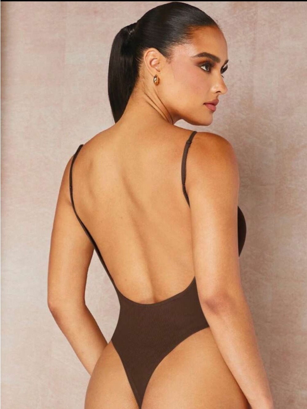 Ribbed Chocolate Brown Open-Back Thong Bodysuit
